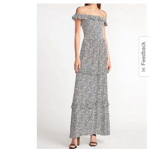 Express Dot Print Off the Shoulder Maxi Dress White Black Smocked Size Medium